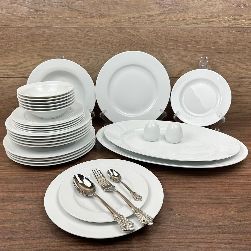 Столовый фарфоровый сервиз с платиновым кантом Вола на 6 персон, 26 предметов, черный/белый/декор